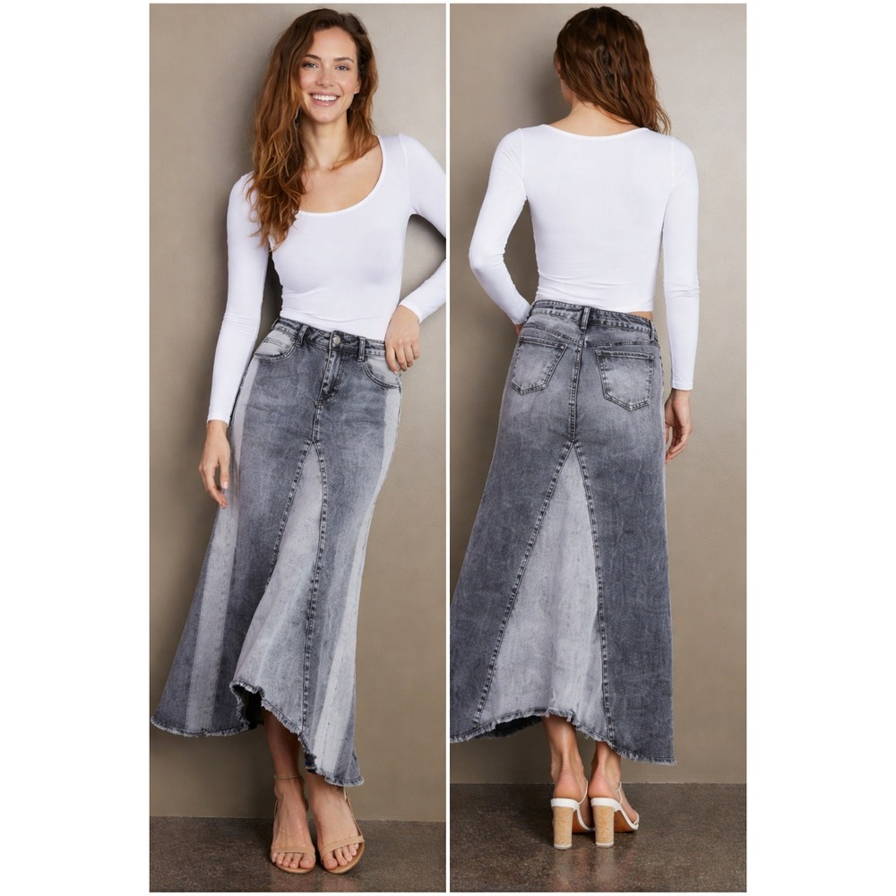 Wash Lab Selma Pieced Maxi Skirt Denim Black Size 29 Distressed Grunge Edgy
